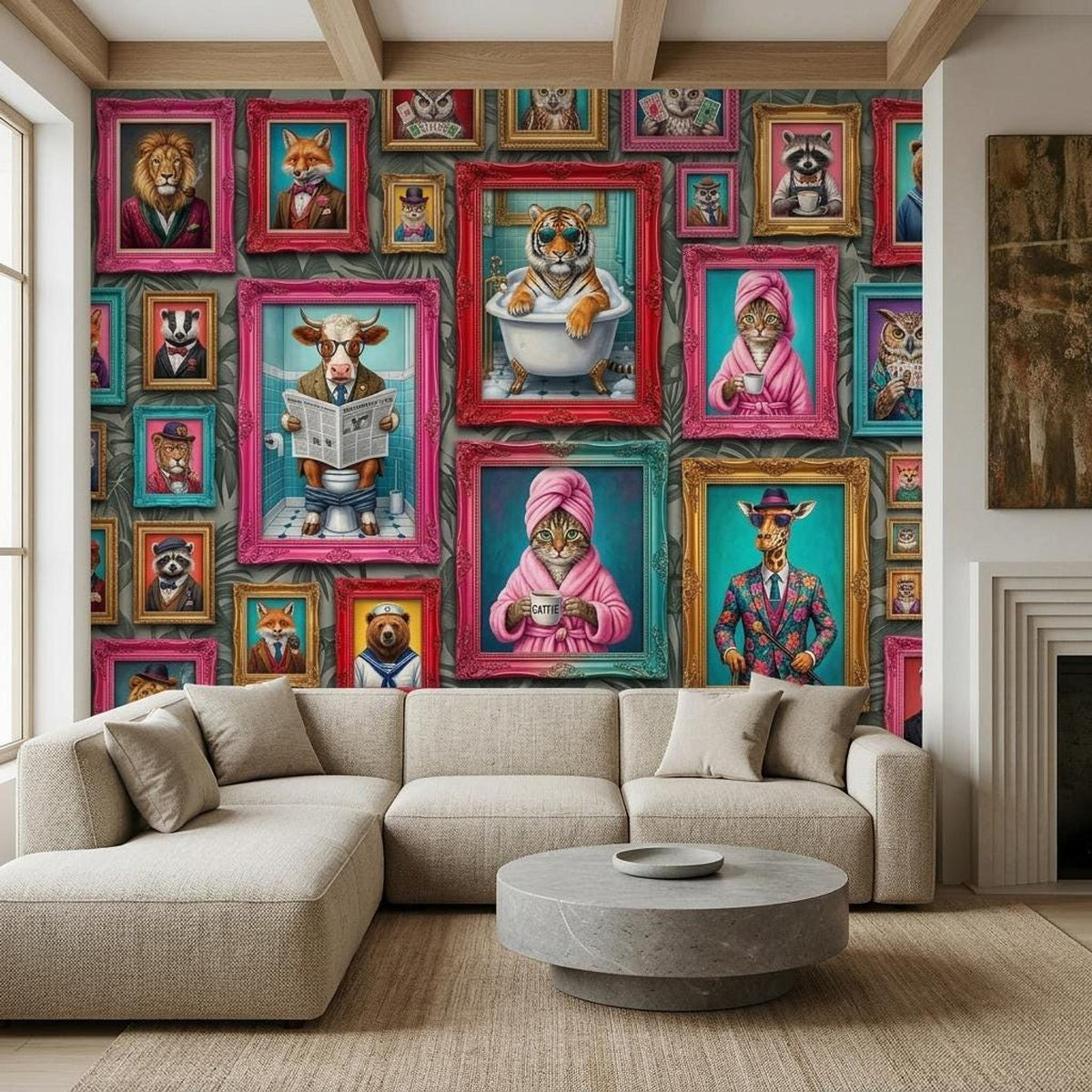 Personalized Anthropomorphic Animal Portrait Wallpaper, Maximalist Gallery Wall Mural (Custom name)