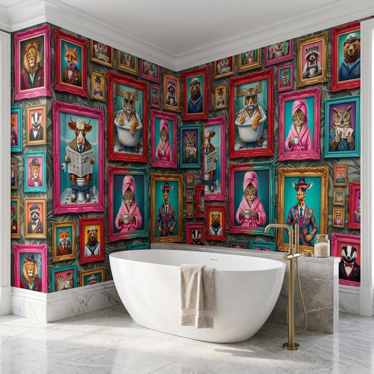 Personalized Anthropomorphic Animal Portrait Wallpaper, Maximalist Gallery Wall Mural (Custom name)