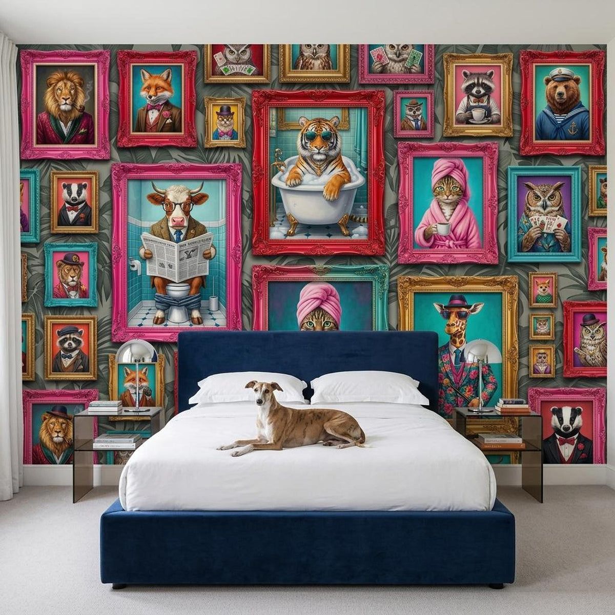 Personalized Anthropomorphic Animal Portrait Wallpaper, Maximalist Gallery Wall Mural (Custom name)