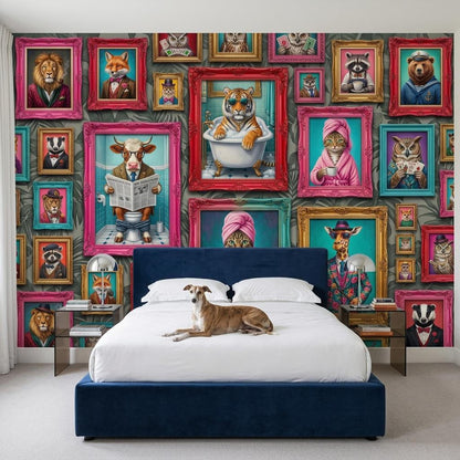 Personalized Anthropomorphic Animal Portrait Wallpaper, Maximalist Gallery Wall Mural (Custom name)