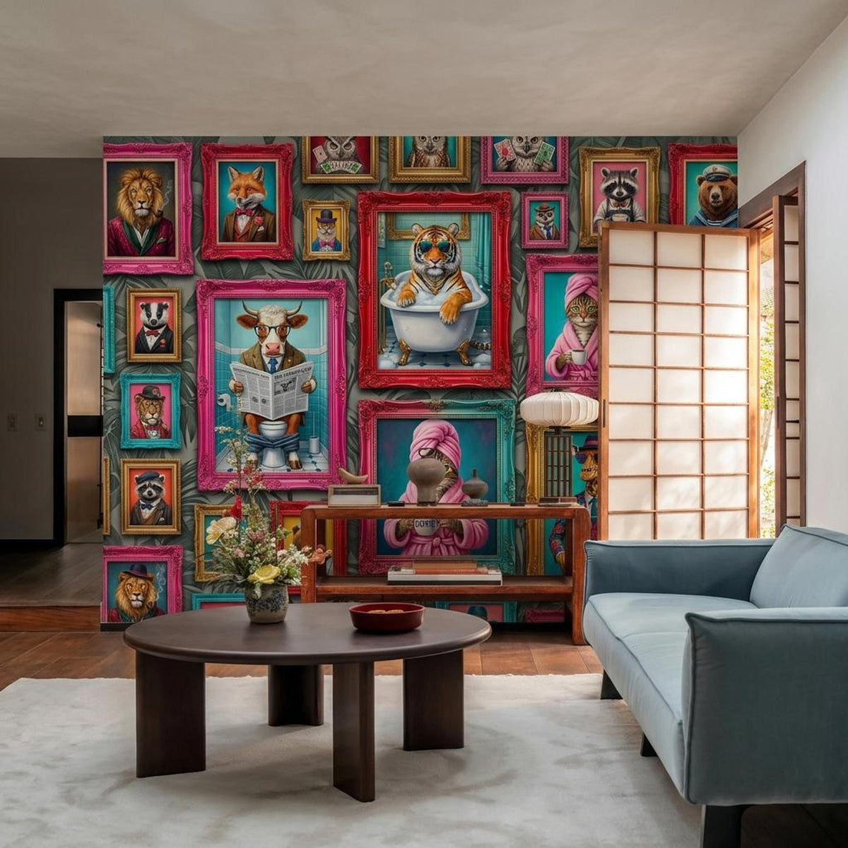 Personalized Anthropomorphic Animal Portrait Wallpaper, Maximalist Gallery Wall Mural (Custom name)