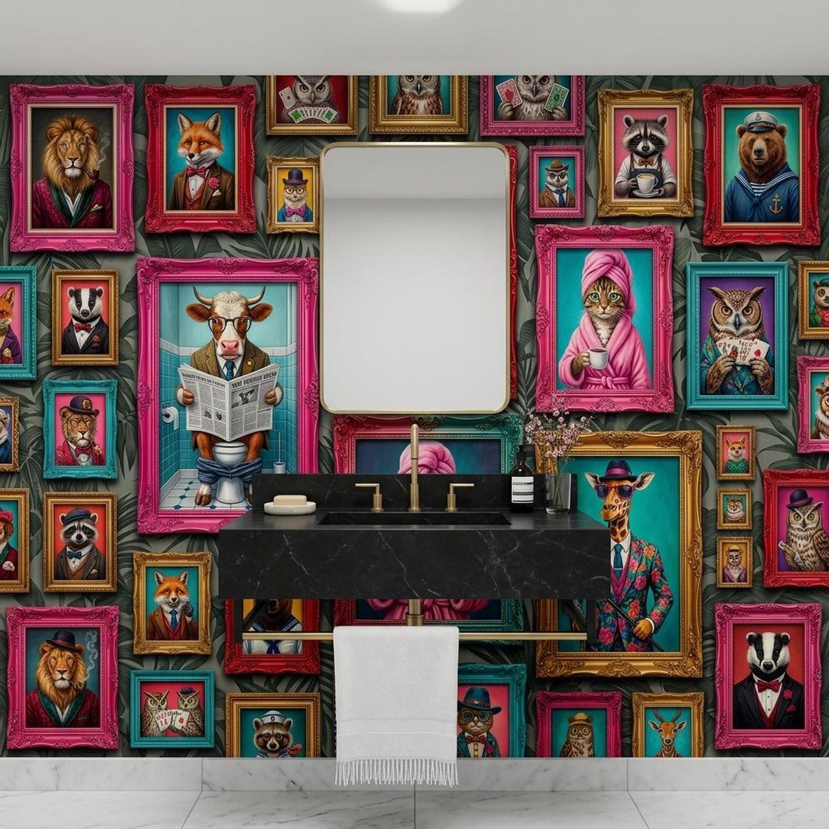 Personalized Anthropomorphic Animal Portrait Wallpaper, Maximalist Gallery Wall Mural (Custom name)