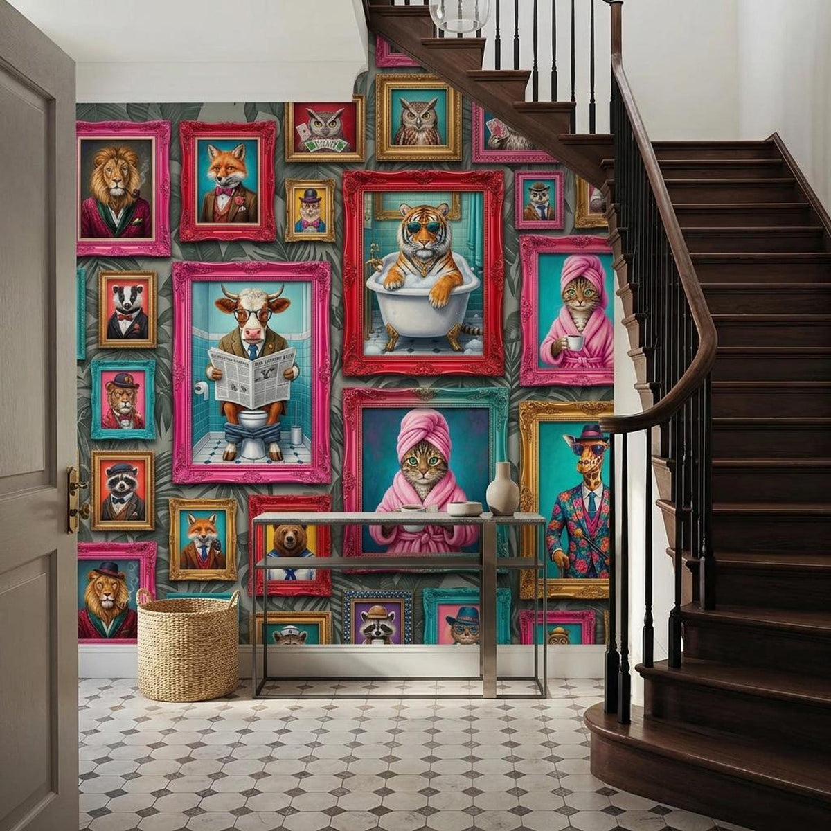 Personalized Anthropomorphic Animal Portrait Wallpaper, Maximalist Gallery Wall Mural (Custom name)