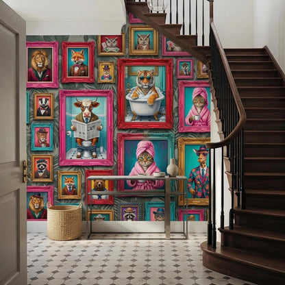Personalized Anthropomorphic Animal Portrait Wallpaper, Maximalist Gallery Wall Mural (Custom name)