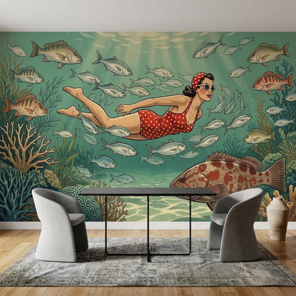 Vintage Diver Underwater Wallpaper, Mid-Century Modern Coastal Art