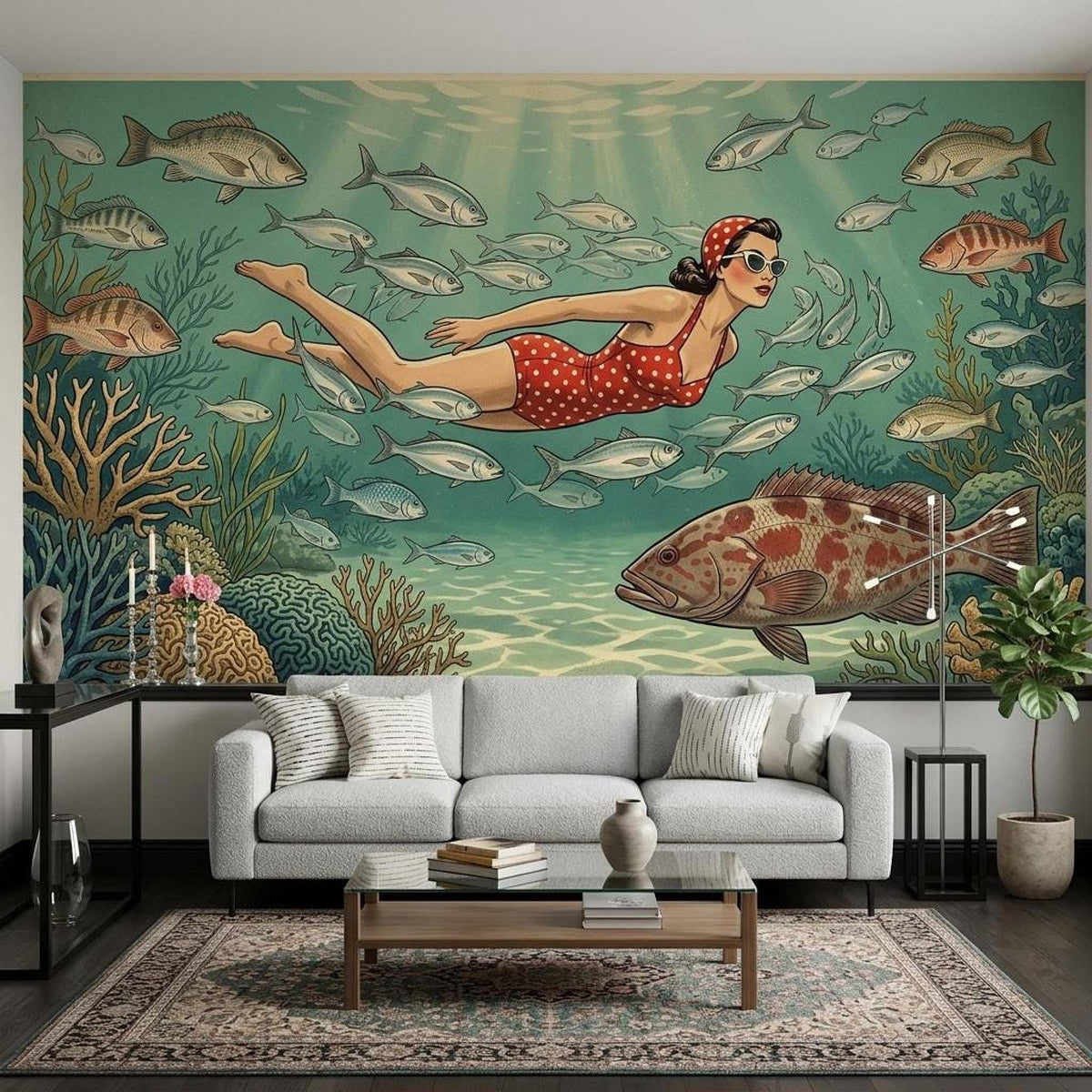 Vintage Diver Underwater Wallpaper, Mid-Century Modern Coastal Art