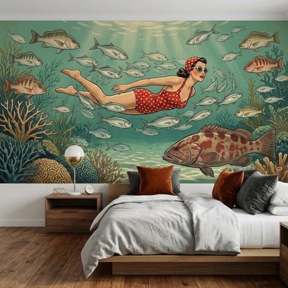 Vintage Diver Underwater Wallpaper, Mid-Century Modern Coastal Art