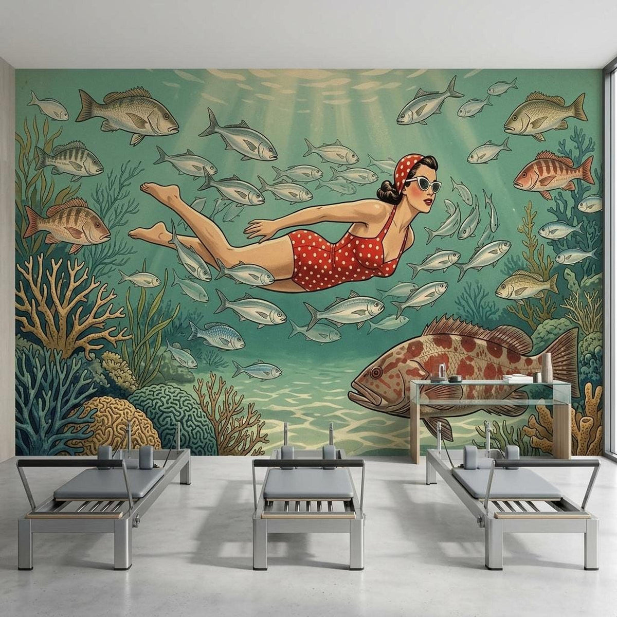 Vintage Diver Underwater Wallpaper, Mid-Century Modern Coastal Art
