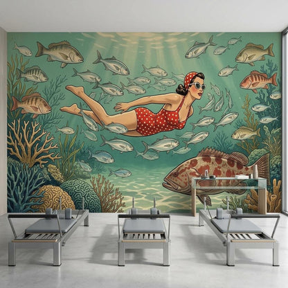 Vintage Diver Underwater Wallpaper, Mid-Century Modern Coastal Art