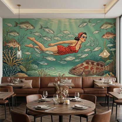 Vintage Diver Underwater Wallpaper, Mid-Century Modern Coastal Art