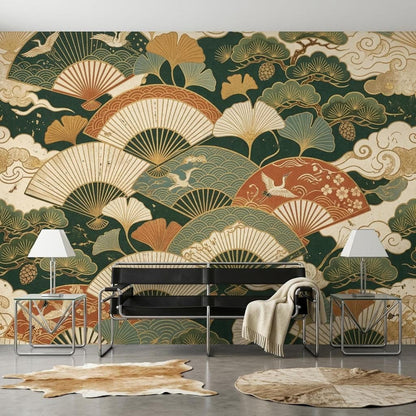 Japanese Fan Wallpaper Mural, Dark Green Crane Gingko Leaf (Custom Sizing)