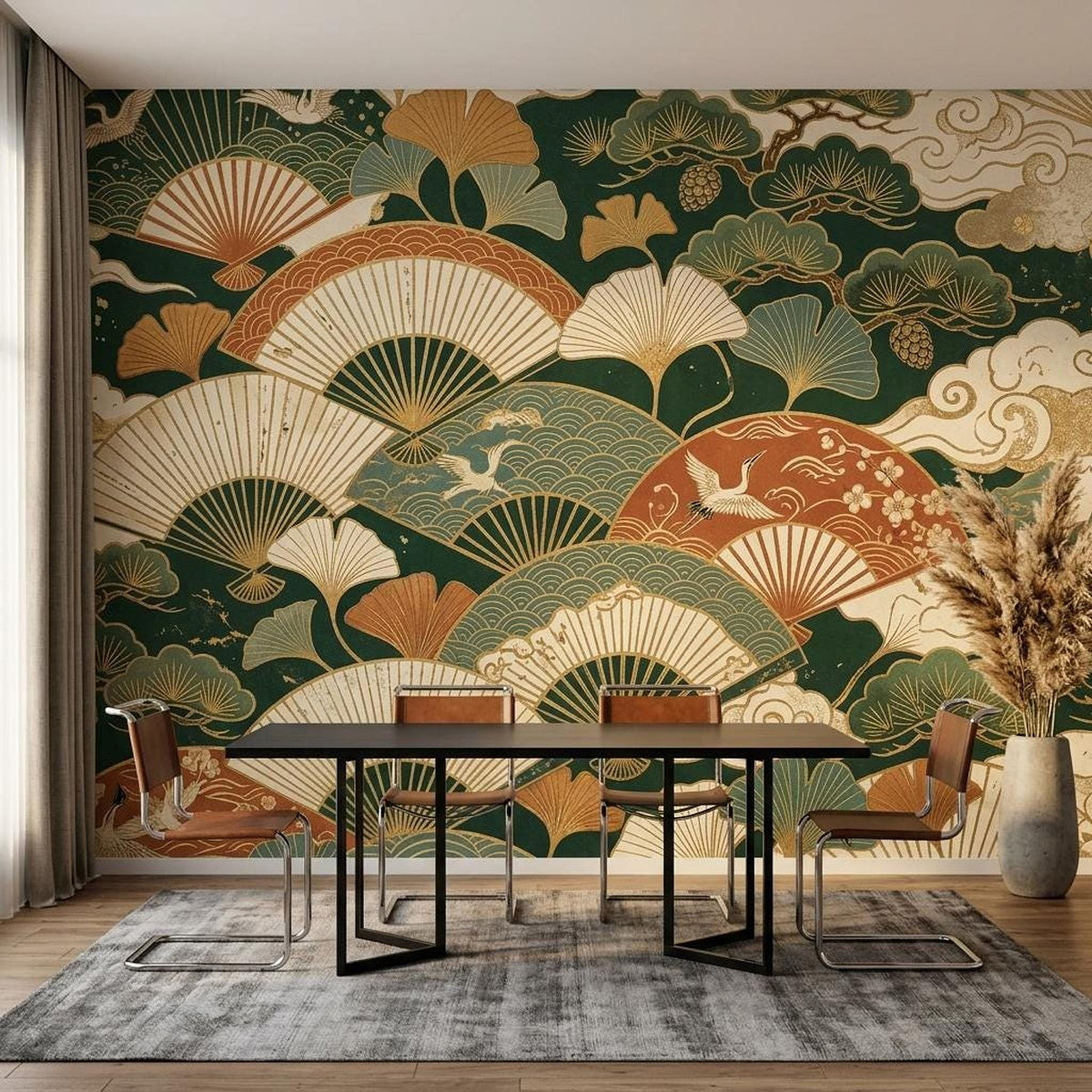 Japanese Fan Wallpaper Mural, Dark Green Crane Gingko Leaf (Custom Sizing)