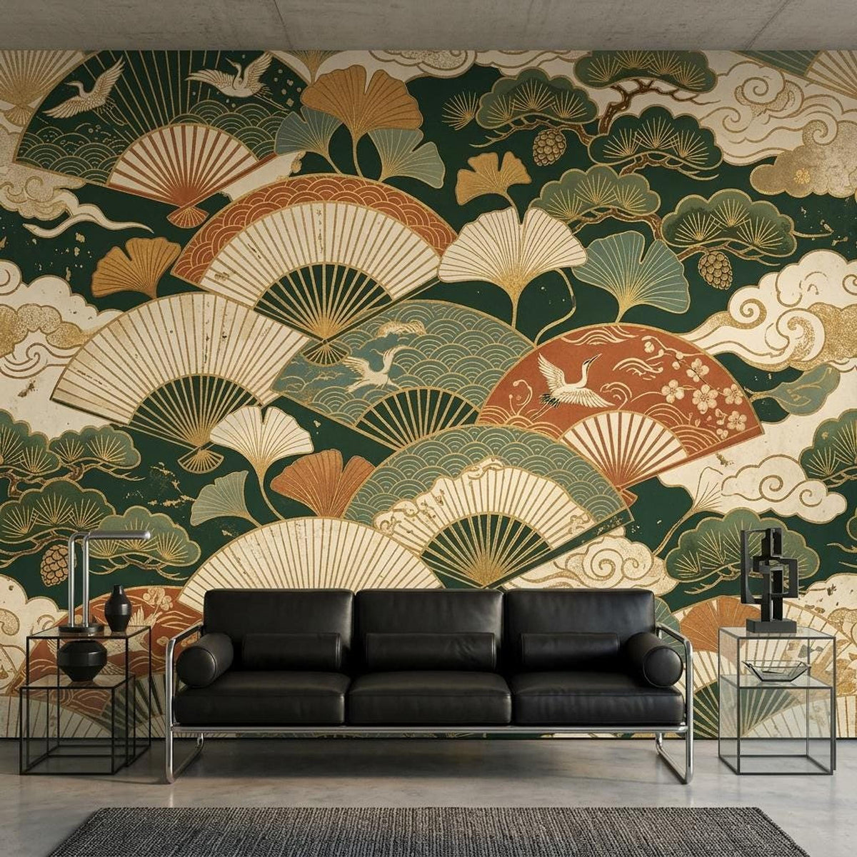 Japanese Fan Wallpaper Mural, Dark Green Crane Gingko Leaf (Custom Sizing)