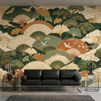 Japanese Fan Wallpaper Mural, Dark Green Crane Gingko Leaf (Custom Sizing)