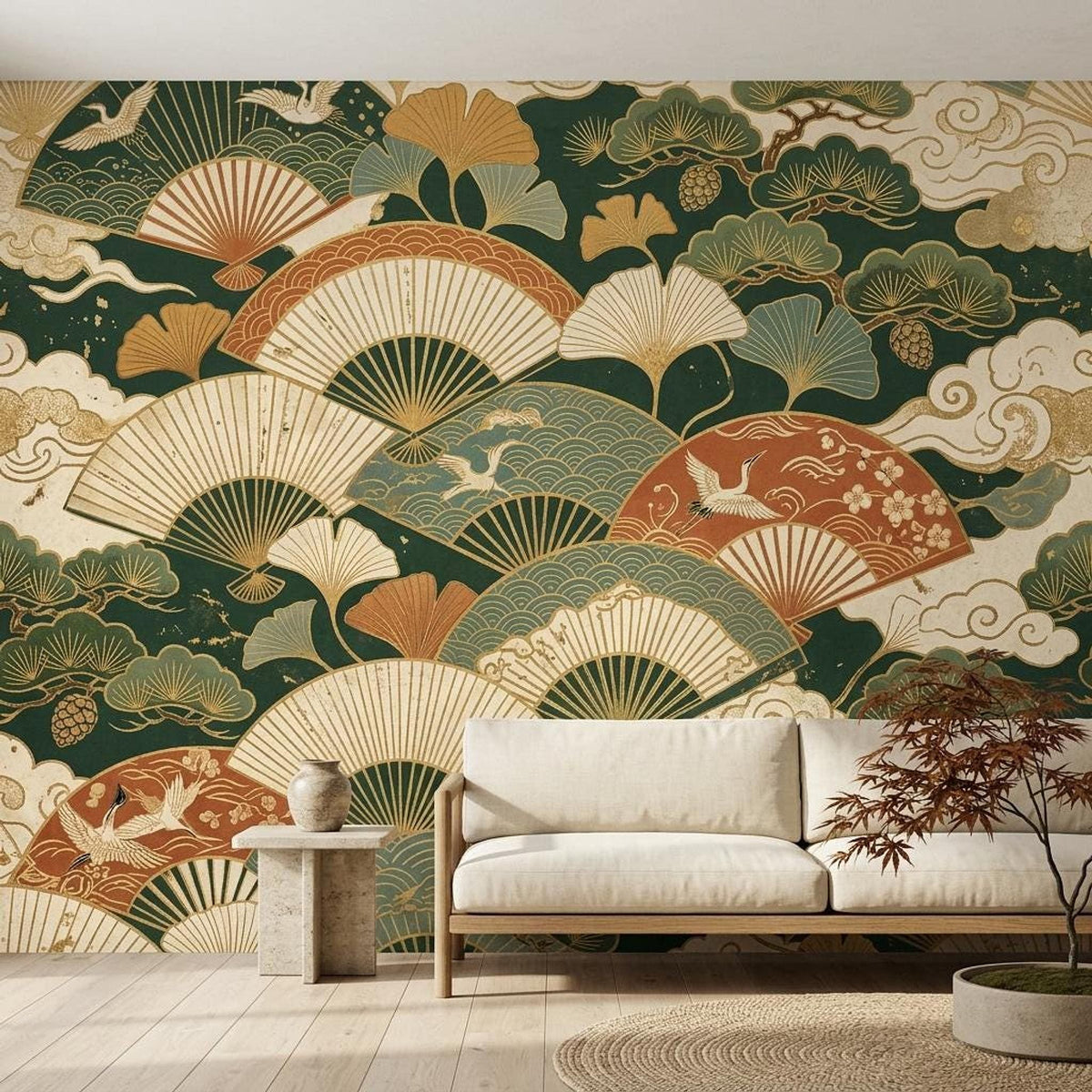 Japanese Fan Wallpaper Mural, Dark Green Crane Gingko Leaf (Custom Sizing)