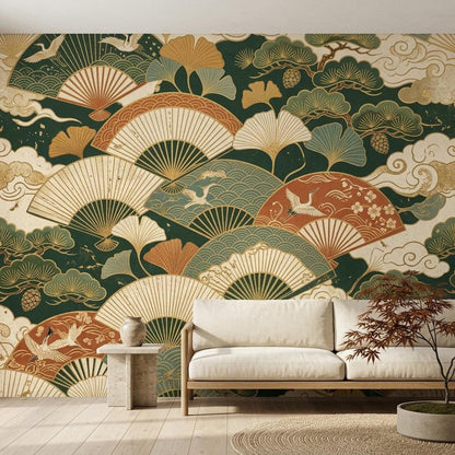 Japanese Fan Wallpaper Mural, Dark Green Crane Gingko Leaf (Custom Sizing)