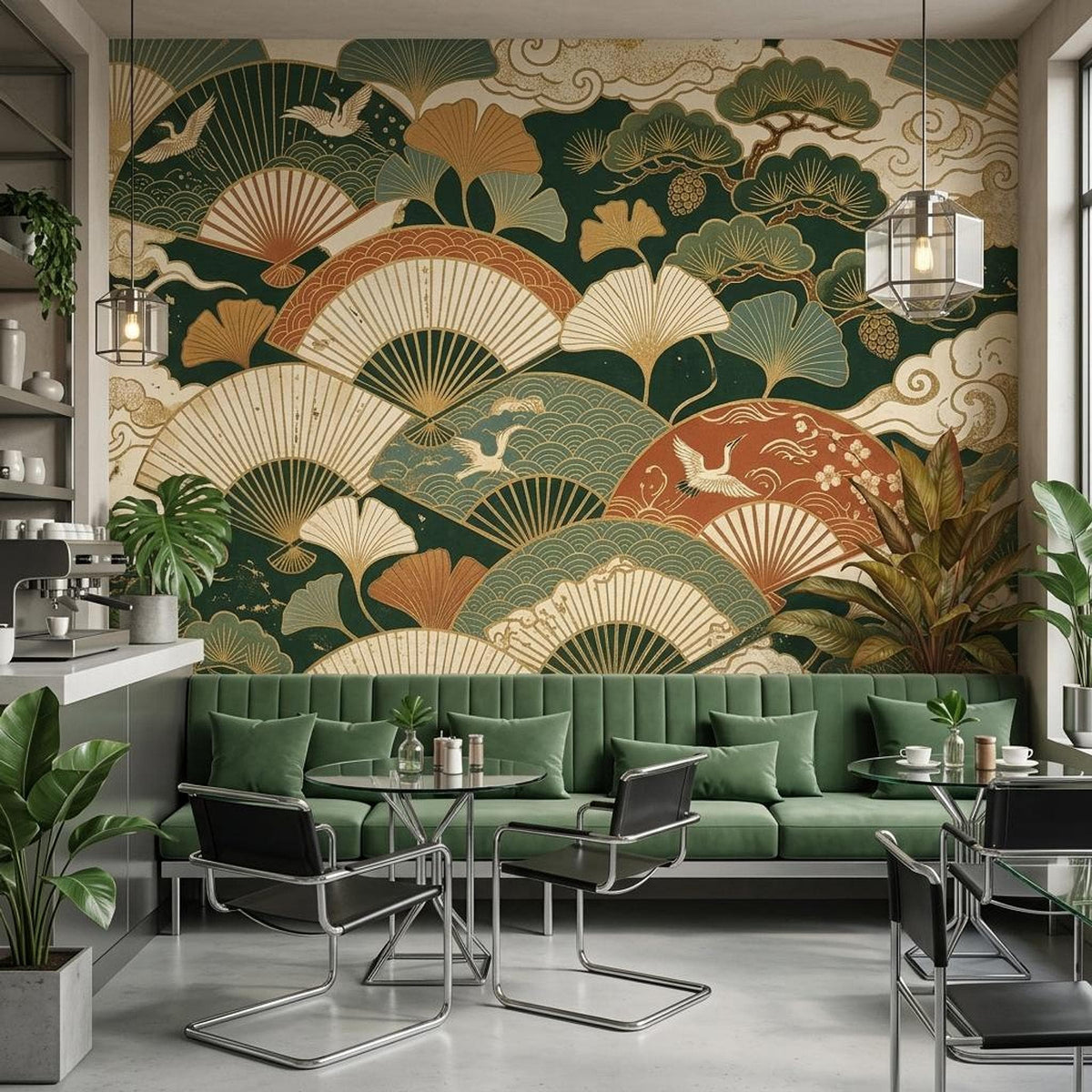 Japanese Fan Wallpaper Mural, Dark Green Crane Gingko Leaf (Custom Sizing)
