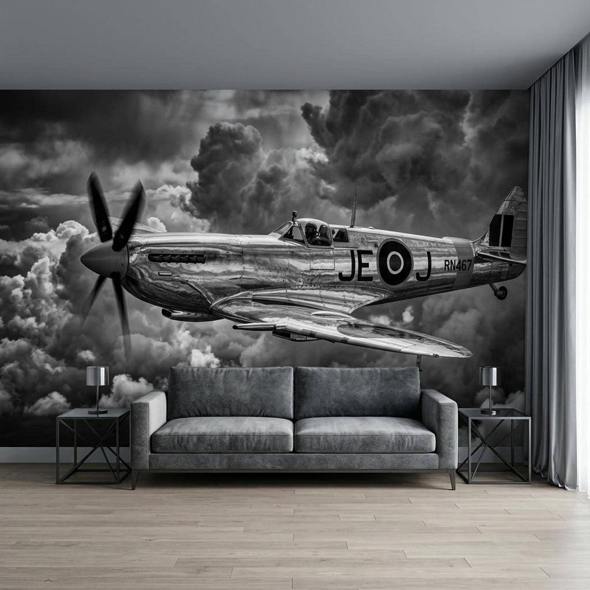 Plane Wall Mural Vintage WWII Spitfire Fighter Black and White Aviation Art