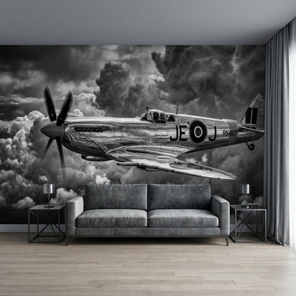 Plane Wall Mural Vintage WWII Spitfire Fighter Black and White Aviation Art