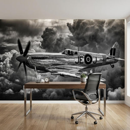 Plane Wall Mural Vintage WWII Spitfire Fighter Black and White Aviation Art