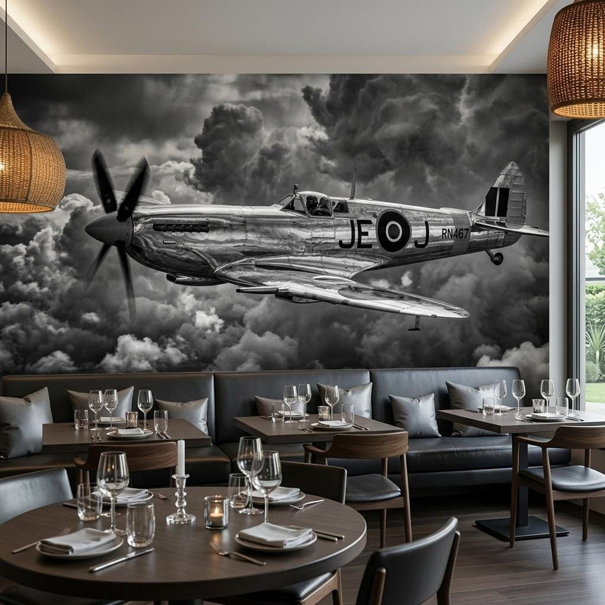 Plane Wall Mural Vintage WWII Spitfire Fighter Black and White Aviation Art
