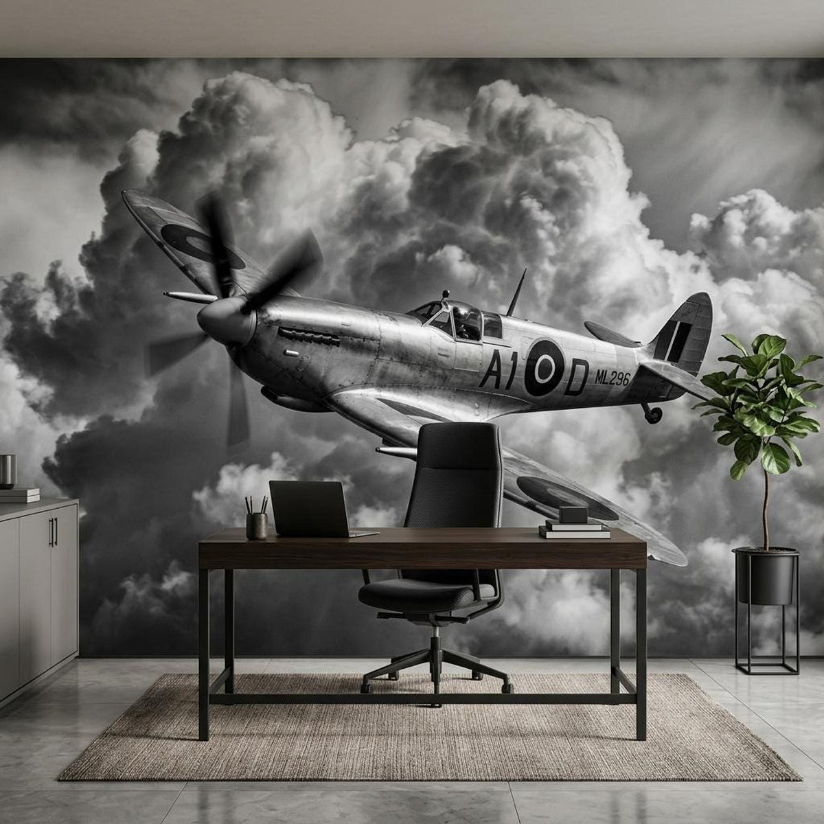 Vintage Spitfire Airplane Mural, Monochrome Warbird Wall Art (Digital Download)