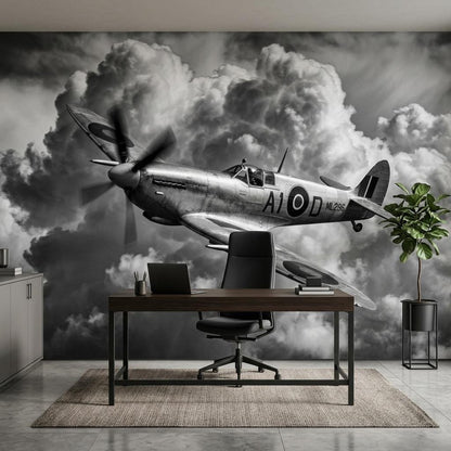 Vintage Spitfire Airplane Mural, Monochrome Warbird Wall Art (Digital Download)