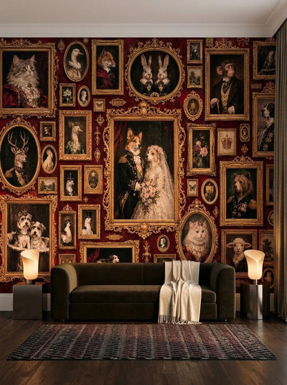 Maximalist Animal Portrait Wallpaper, Dark Academia Mural, Ornate Gothic Art (Peel & Stick)