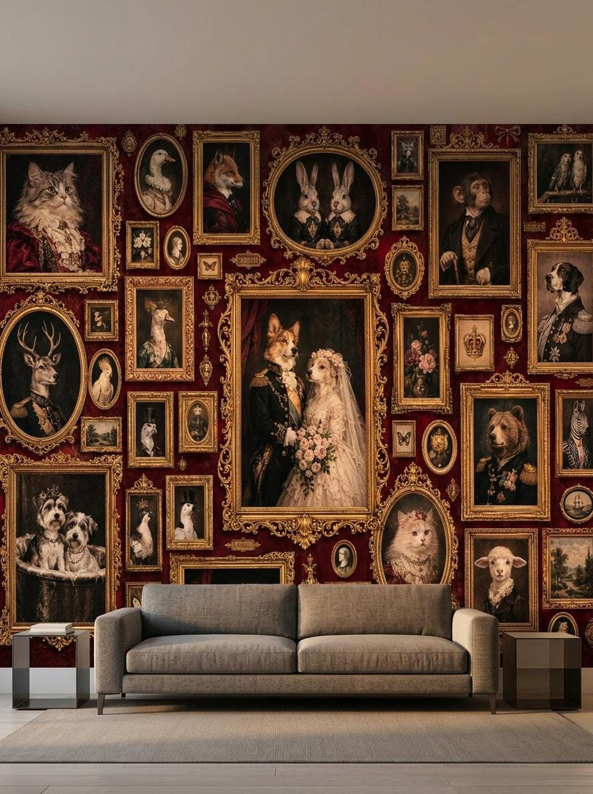 Maximalist Animal Portrait Wallpaper, Dark Academia Mural, Ornate Gothic Art (Peel & Stick)