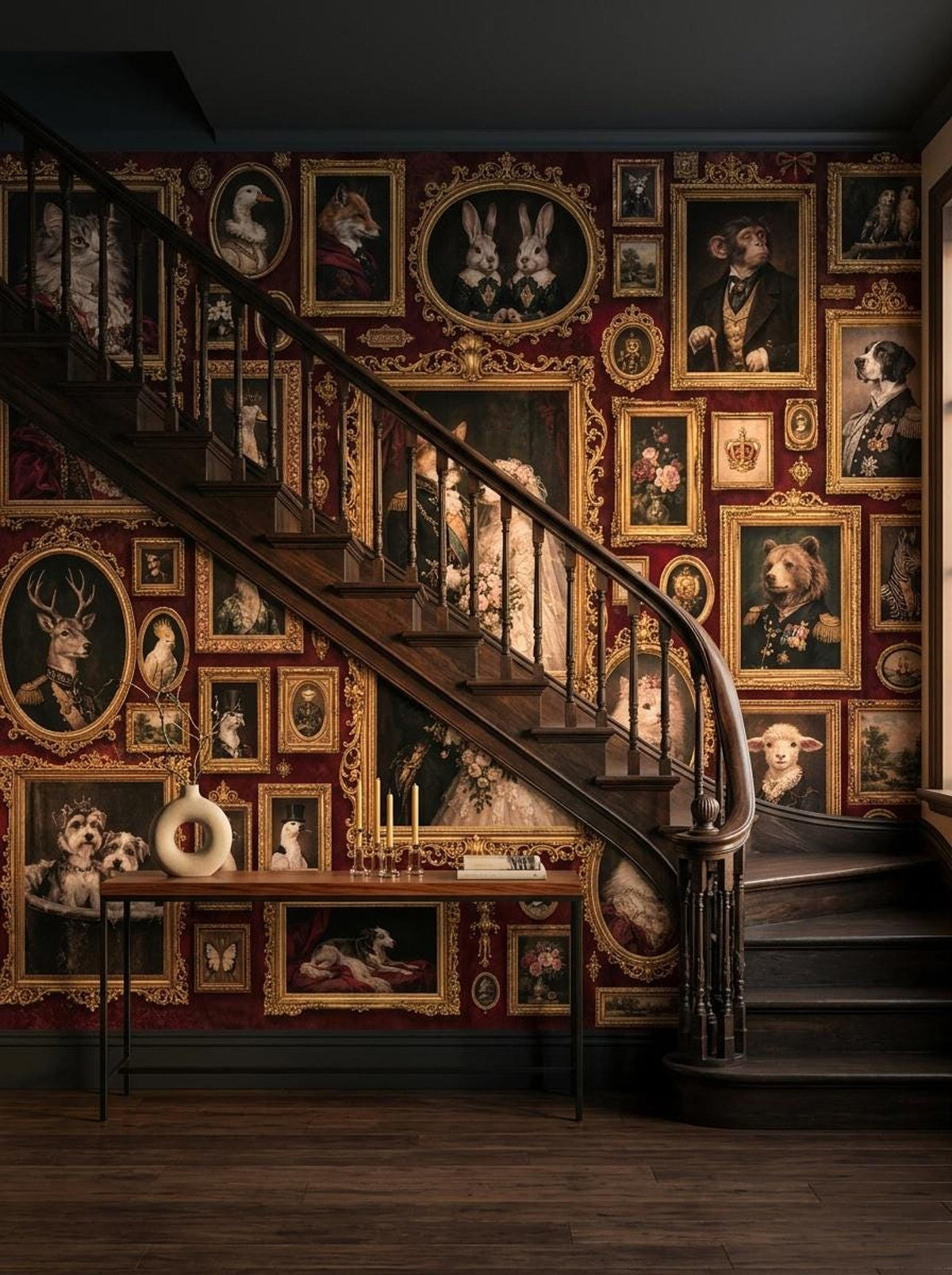 Maximalist Animal Portrait Wallpaper, Dark Academia Mural, Ornate Gothic Art (Peel & Stick)