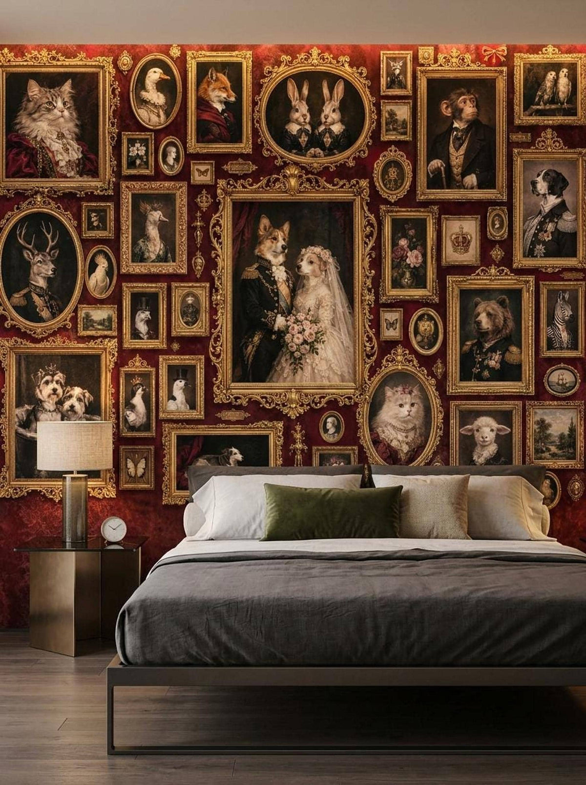 Maximalist Animal Portrait Wallpaper, Dark Academia Mural, Ornate Gothic Art (Peel & Stick)