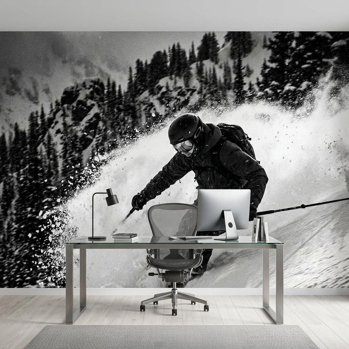 Black and White Skiing Wall Mural, Modern Mountain Action Sports Wallpaper