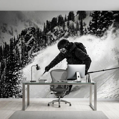 Black and White Skiing Wall Mural, Modern Mountain Action Sports Wallpaper
