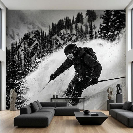 Black and White Skiing Wall Mural, Modern Mountain Action Sports Wallpaper