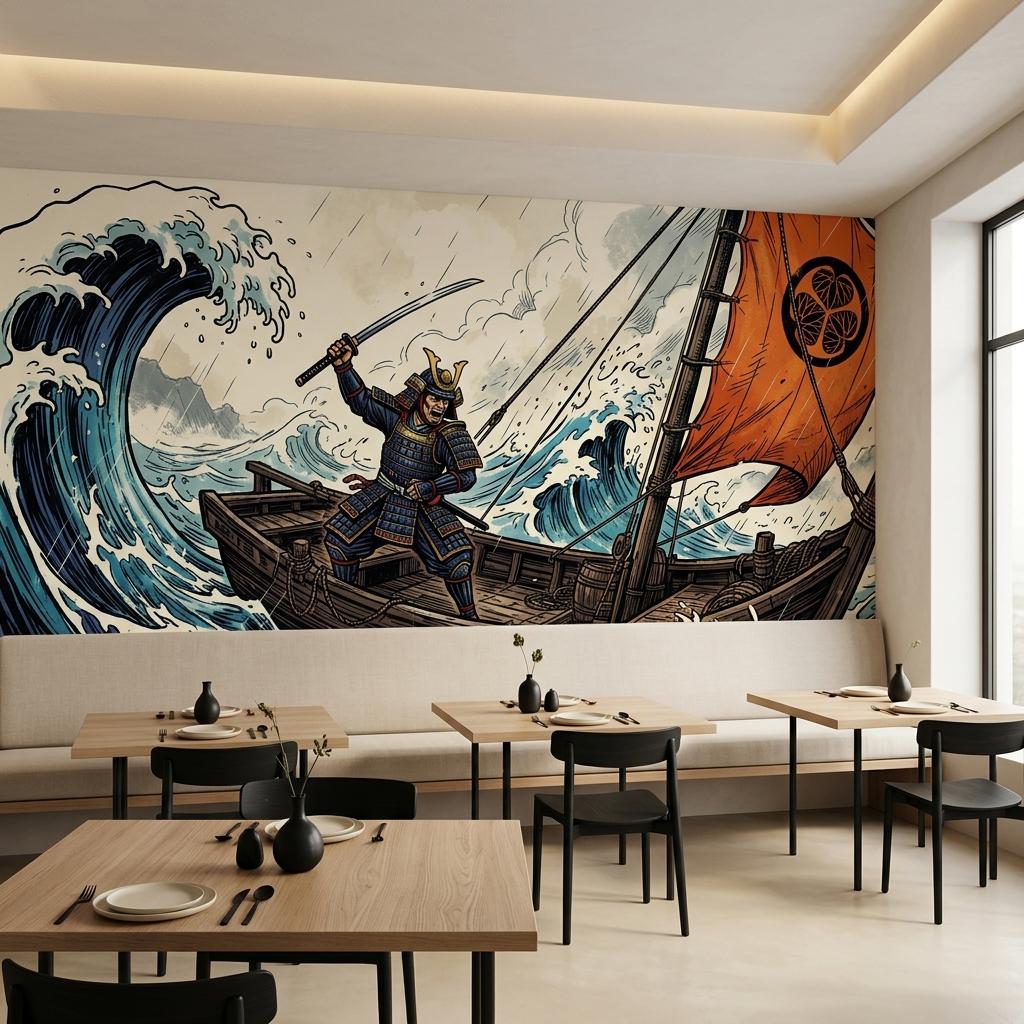 Japanese Samurai Ukiyo-e Wall Mural, Wave Warrior Art (Custom Sizing)