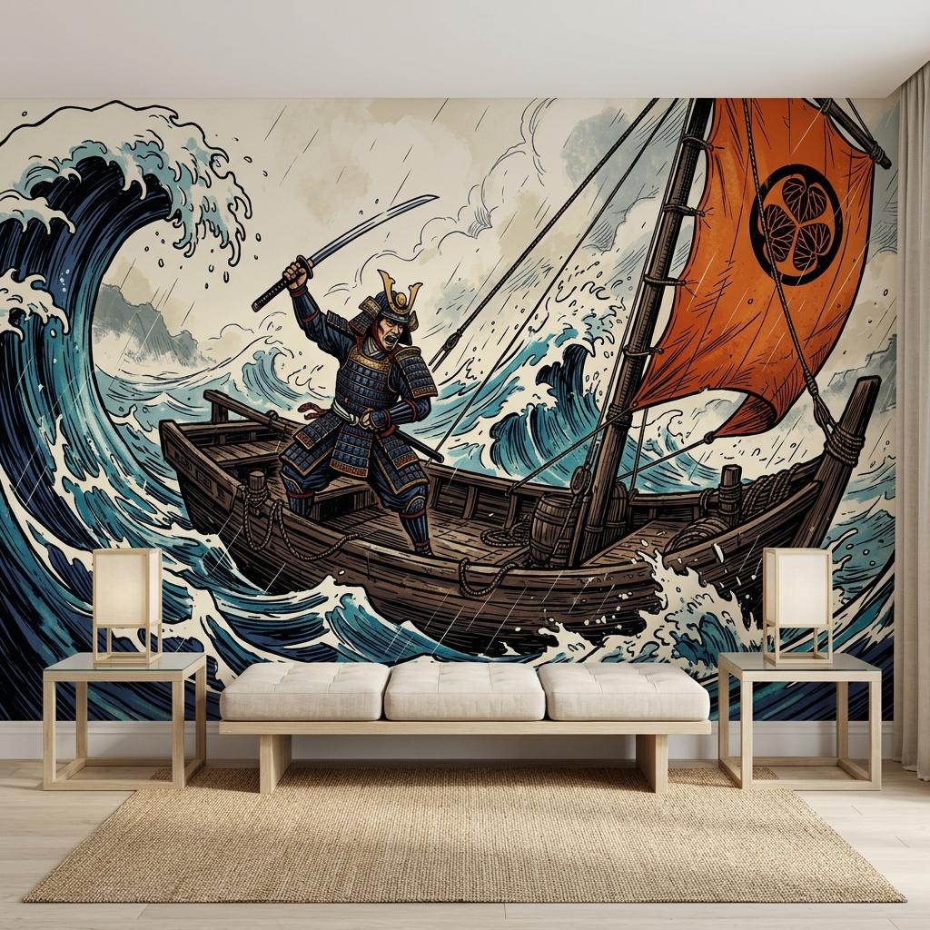 Japanese Samurai Ukiyo-e Wall Mural, Wave Warrior Art (Custom Sizing)