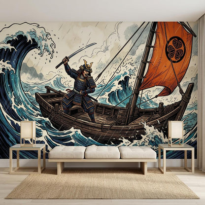 Japanese Samurai Ukiyo-e Wall Mural, Wave Warrior Art (Custom Sizing)