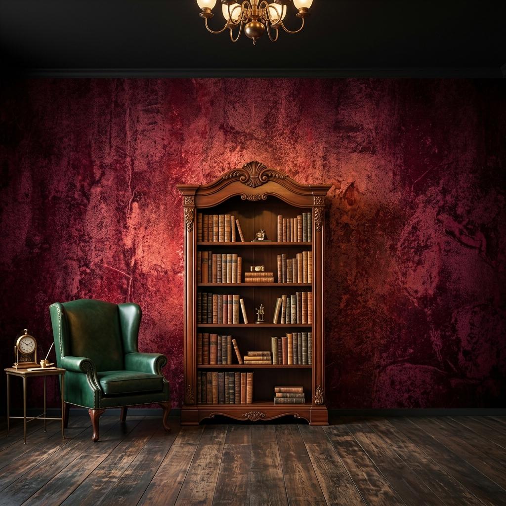 Dark Red Textured Plaster Wallpaper, Gothic Academia Wall Mural, Industrial Grunge Removable Paper