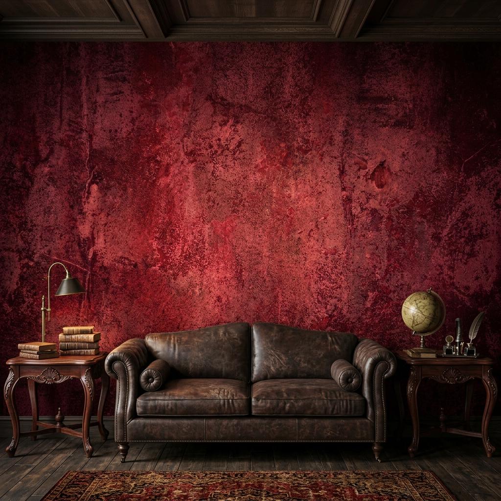 Dark Red Textured Plaster Wallpaper, Gothic Academia Wall Mural, Industrial Grunge Removable Paper