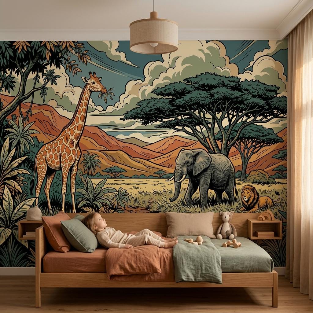 Safari Animal Illustration Wallpaper Mural, Jungle Savannah Nursery Art