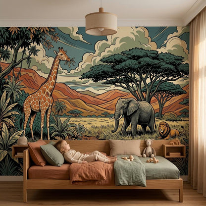 Safari Animal Illustration Wallpaper Mural, Jungle Savannah Nursery Art