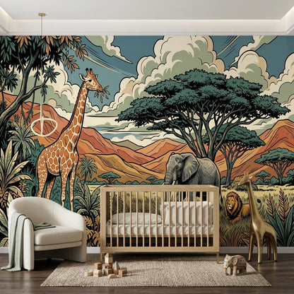 Safari Animal Illustration Wallpaper Mural, Jungle Savannah Nursery Art