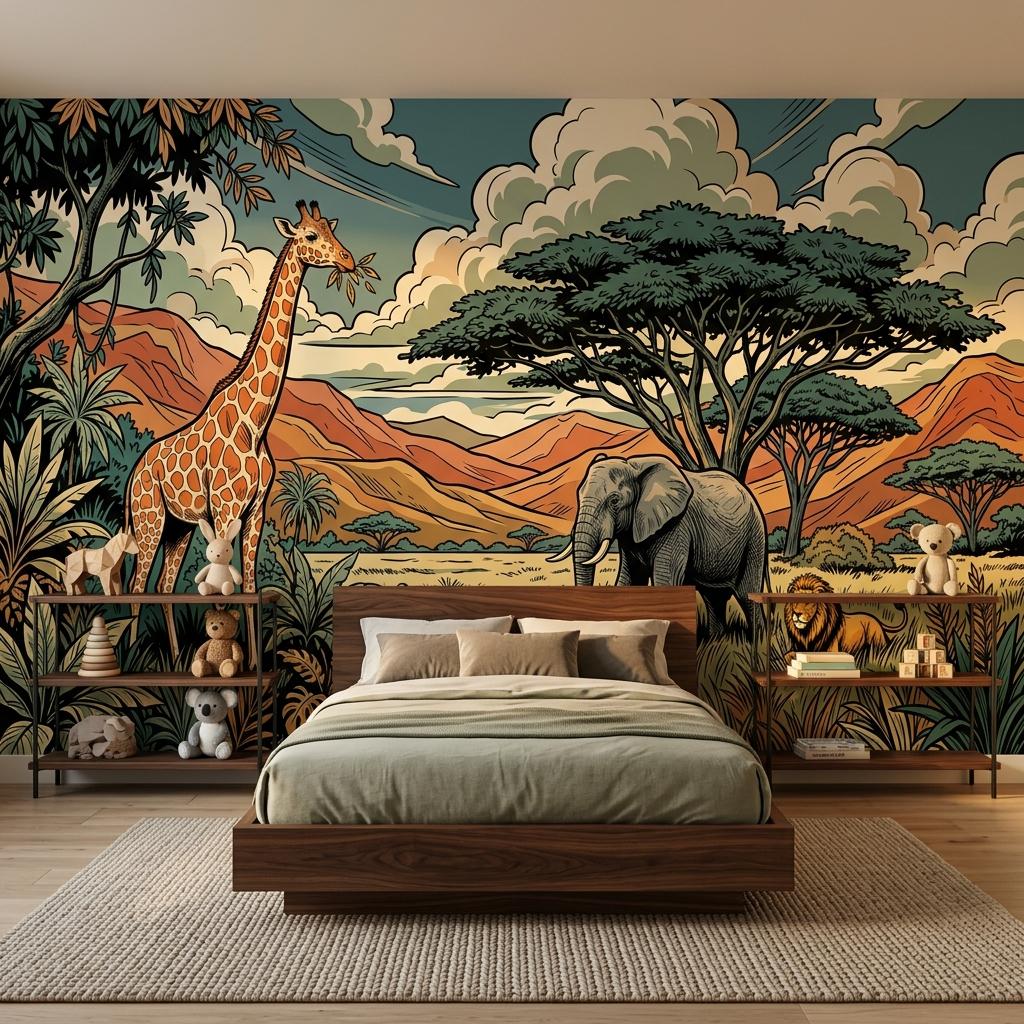Safari Animal Illustration Wallpaper Mural, Jungle Savannah Nursery Art