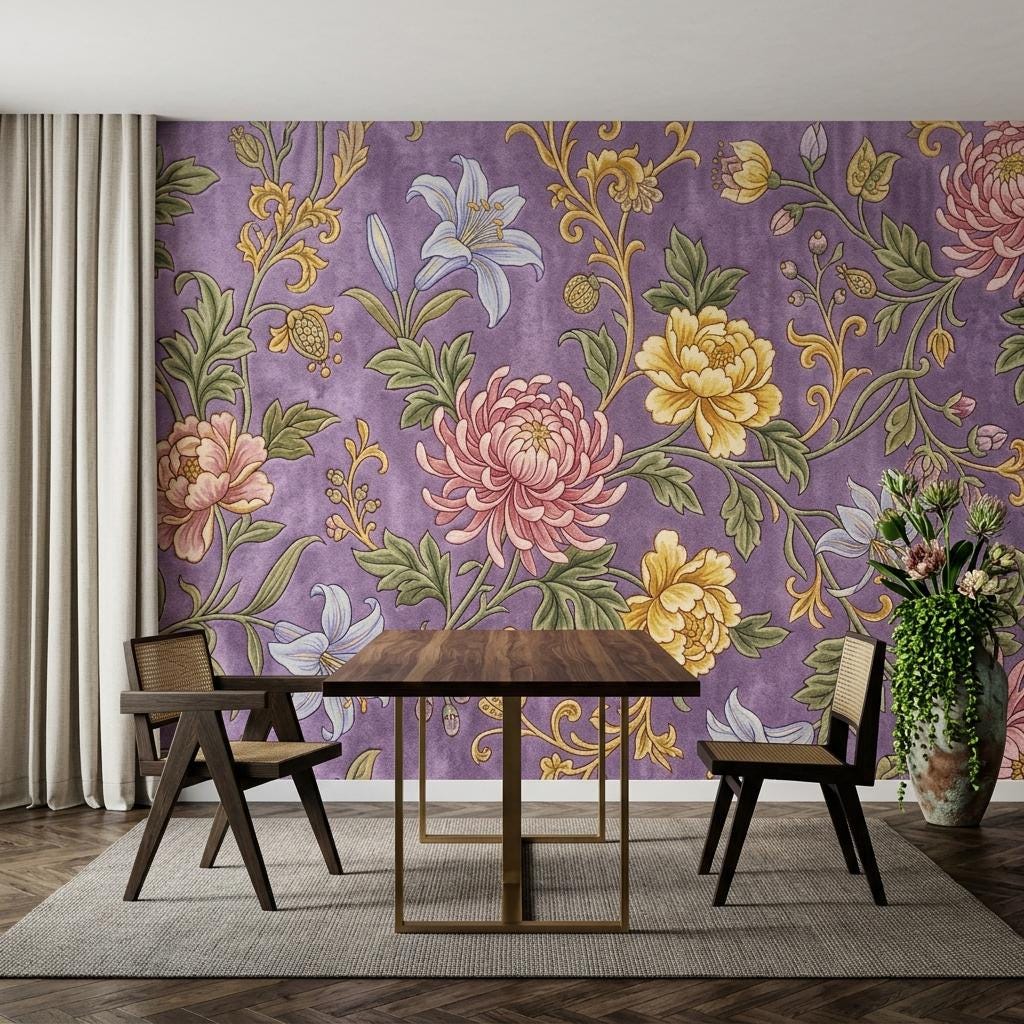 Art Nouveau Floral Wallpaper Mural, Purple Peony Lily Chinoiserie (Ready-to-Use)