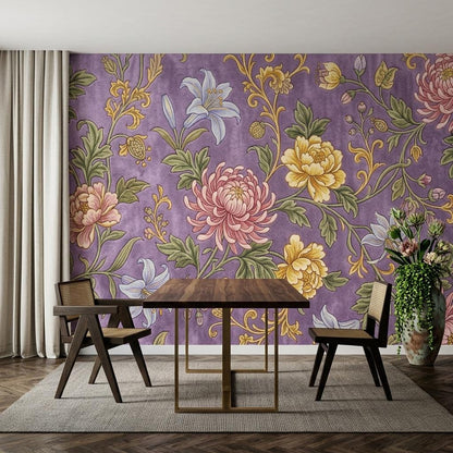 Art Nouveau Floral Wallpaper Mural, Purple Peony Lily Chinoiserie (Ready-to-Use)