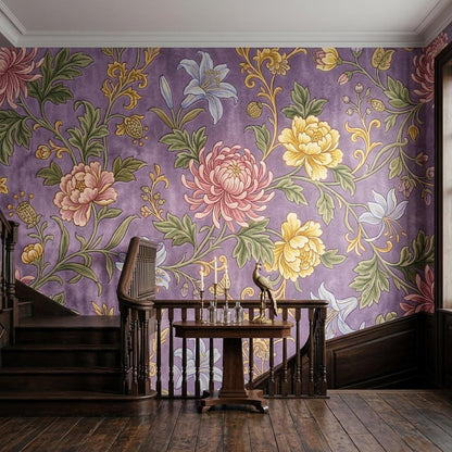 Art Nouveau Floral Wallpaper Mural, Purple Peony Lily Chinoiserie (Ready-to-Use)