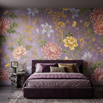 Art Nouveau Floral Wallpaper Mural, Purple Peony Lily Chinoiserie (Ready-to-Use)