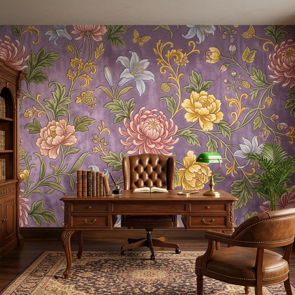 Art Nouveau Floral Wallpaper Mural, Purple Peony Lily Chinoiserie (Ready-to-Use)