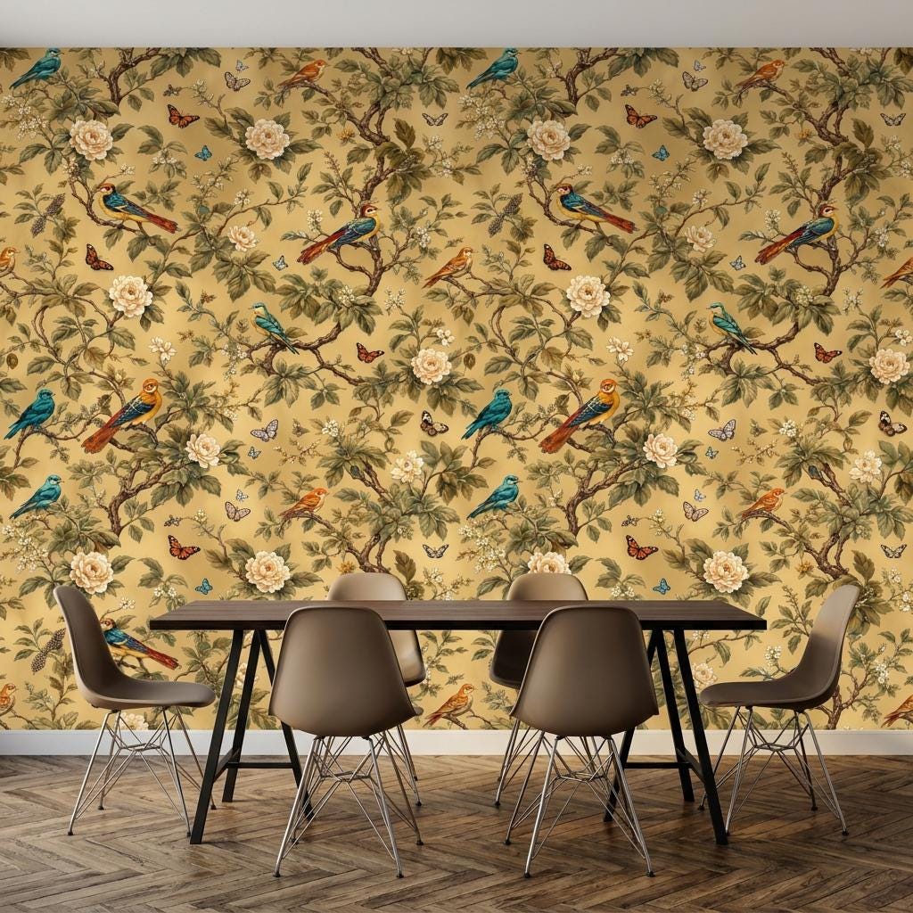 Chinoiserie Floral Gold Wallpaper, Botanical Birds, Butterfly Mural (Custom Sizing)