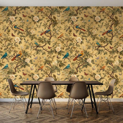 Chinoiserie Floral Gold Wallpaper, Botanical Birds, Butterfly Mural (Custom Sizing)